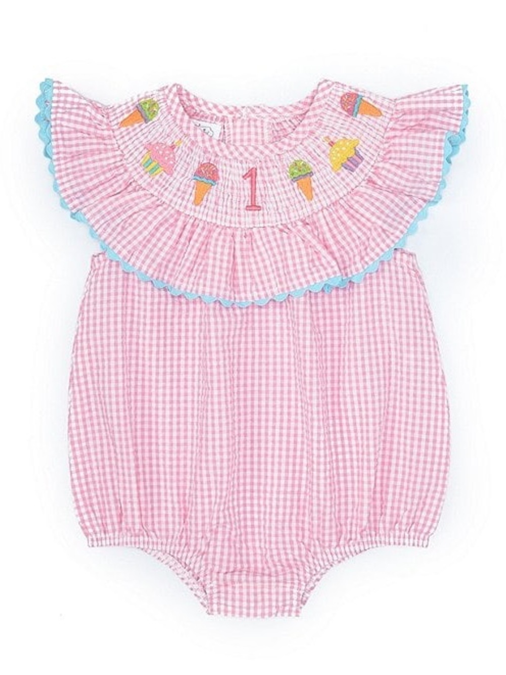 Mud Pie First Birthday Ice Cream Smocked Seersucker Bubble Romper Pink 12-18M